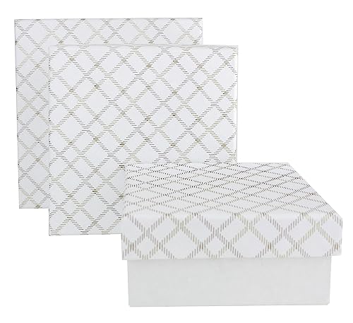 Emartbuy Geschenkboxen, quadratisch, handgefertigt, aus Baumwollpapier, kariert, Weiß, 3 Stück
