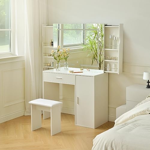 Home Deluxe - Schminktisch Imani - Farbe: Weiß - 130 x 80 x 40 cm, inkl. LED Streifen, steuerbar über Touchbutton, inkl. Hocker I Kosmetiktisch Make UP Tisch