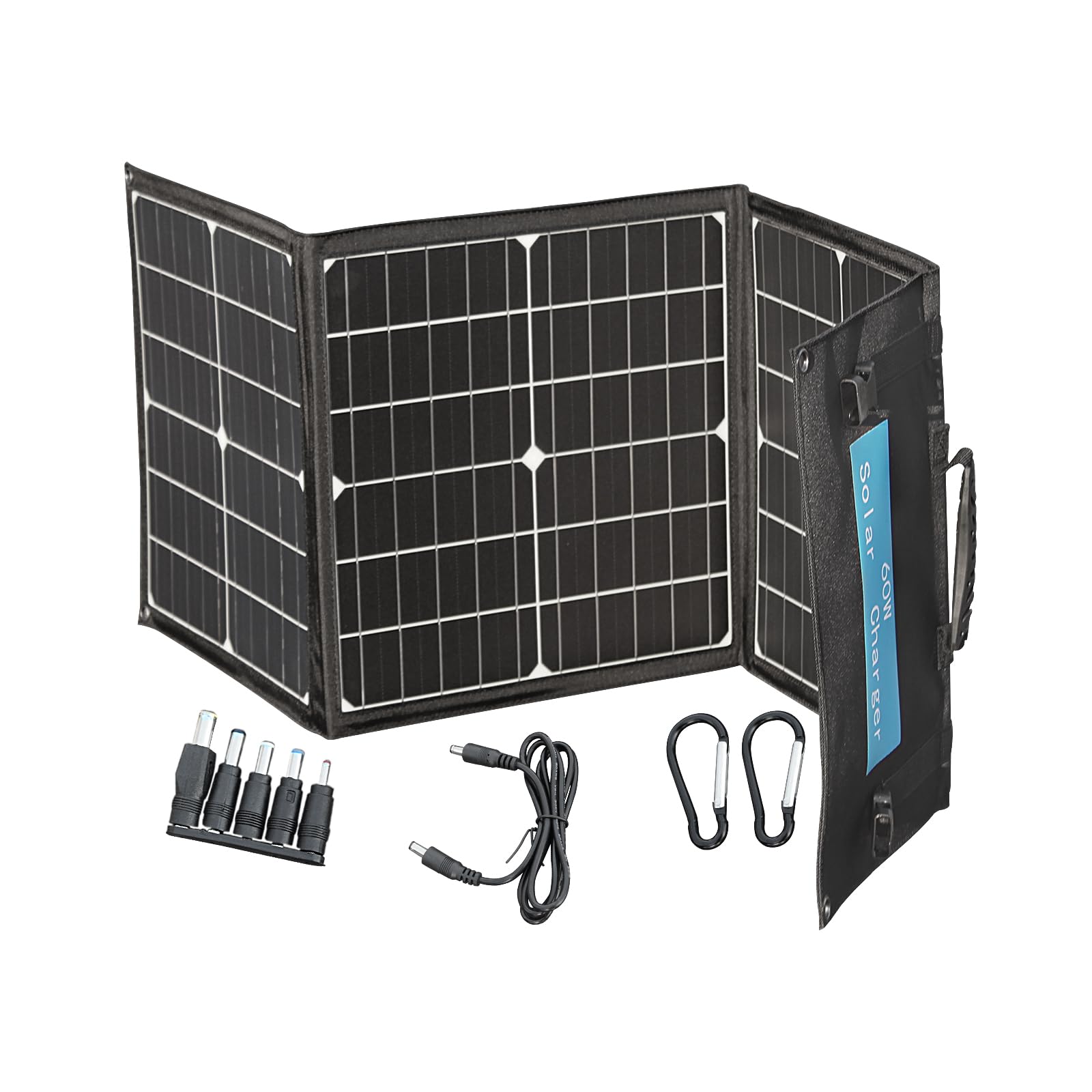 60W Tragbares Solarladegerät für den Außenbereich – Faltbares Solar Panel – 3 wasserdichte Paneele, schnelles Aufladen von DREI Anschlüssen für Camping-iPhone iPad Samsung LG-Telefone und -Geräte.