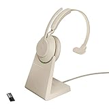 Jabra Evolve2 65 Wireless PC Headset with Charging Stand – Noise Cancelling Microsoft Teams Certified Mono Headphones With Long-Lasting Battery – USB-A Bluetooth Adapter – Beige