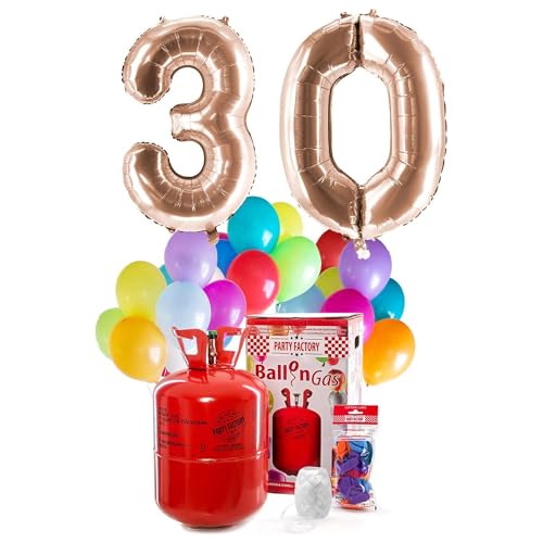 PARTY FACTORY Helium Geburtstags-Komplettset "30" - mit XXL Zahlenballons, 0,4m³ Ballongas, Ballonschnur & 30 bunten Latexballons - für Geburtstag, Jubiläum, Jahrestag in versch. Farben (Roségold)