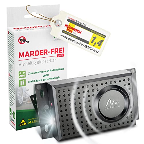 Gardigo Marder-Frei Dual | Mobiler Marderschreck für Auto, Haus, Dachboden, Garage | Anschluss an Autobatterie oder Batteriebetrieb möglich | Marderabwehr mit Blitzlicht