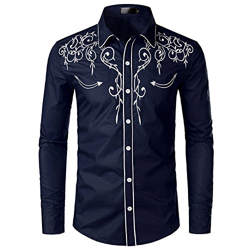 NOBRAND JINYAUN Stilvolles Western-Cowboy-Hemd für Herren, Stickerei, Slim Fit, leger, Langarm, Hemd, Hochzeit, Party Gr. L, navy