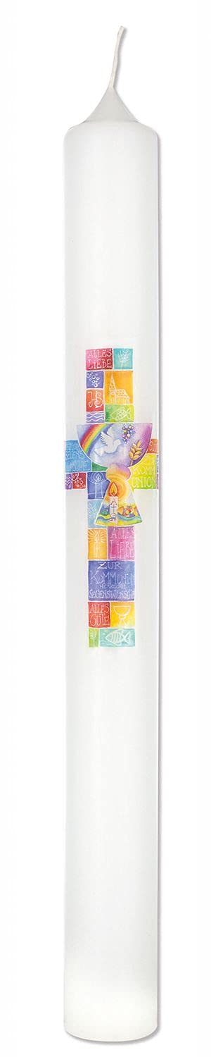 Erstkommunionkerze Kelch, Regenbogen-Kreuz und christliche Symbole, 400 x 40mm