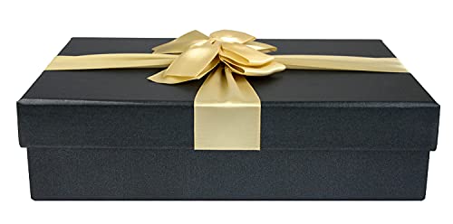 Emartbuy Starre Geschenkbox, 34 cm x 23 cm x 8 cm, schwarze Box mit Deckel und goldenem Satinband und 50 g geschreddertem Papier in schwarz