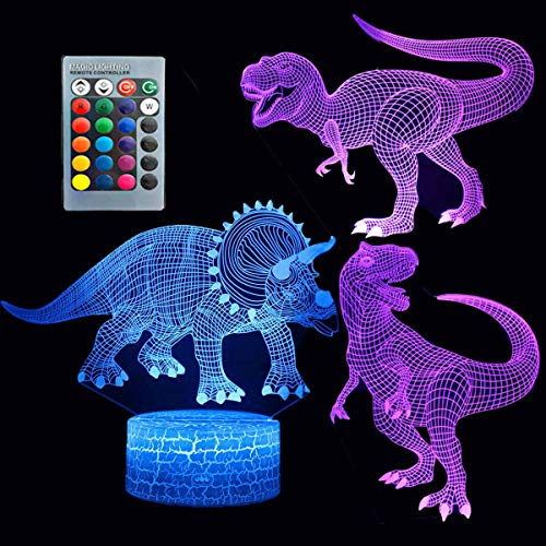 Dinosaurier 3D Nachtlicht Touch Tisch Schreibtischlampe Drei Muster 7 Farben Optische Täuschung Lichter mit Acryl Flach & ABS Crack Base & USB Cabler für Weihnachtsgeschenk
