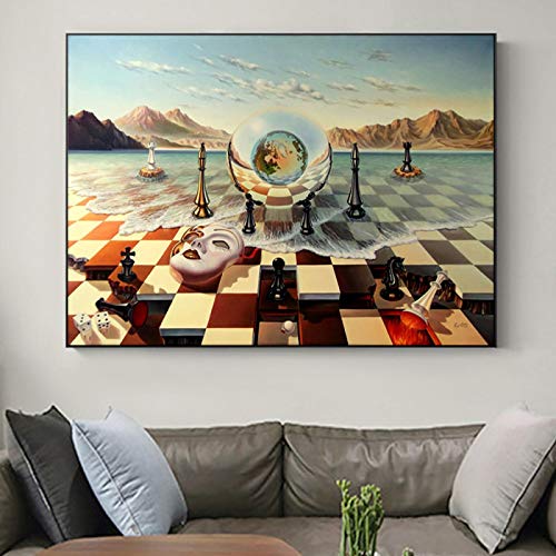 Salvador Dali Surrealismus Schachmaske auf dem Meer Leinwanddruck Malerei Wandkunst Abstrakte seltsame Poster Bild Wohnkultur 70 x 100 cm (28 x 39 Zoll) rahmenlos