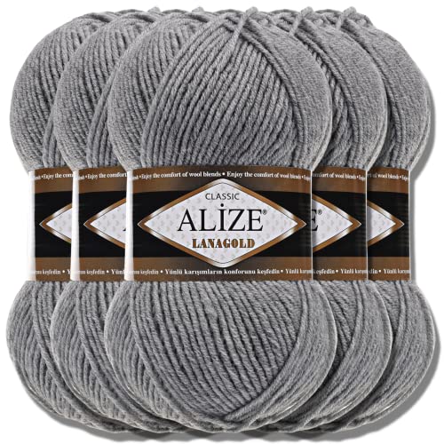 Alize 5 x 100g Lanagold Türkische Premium Wolle Baumwolle und Acryl Handstrickgarne | Yarn | Garn | Strickgarn Accessoire Baby zum Häkeln Stricken Kleidung Schals (Grey Melange | 21)