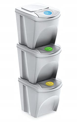 BirnePower Mülleimer Müllbehälter Abfalleimer 75L Set 3 x 25L Mülltrennsystem Behälter Sorti Box mit Deckel Müllsortierer Abfallsammler Weiß