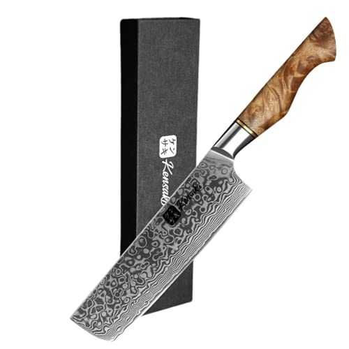 KENSAKI Nakiri Messer aus Damaszener Stahl Küchenmesser Japanischer Art hergestellt aus 67 Lagen Damaststahl – Kiniro Serie