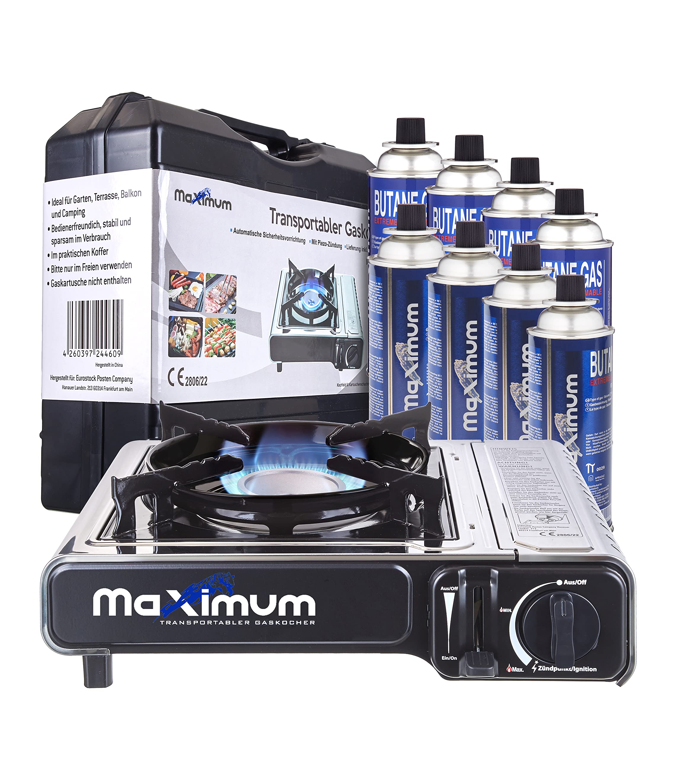 MaXimum Premium Edelstahl Gaskocher mit Tragekoffer + 8 MaXimum Gas Kartuschen