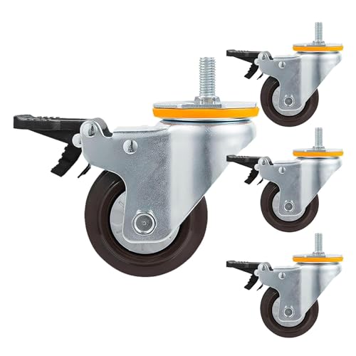 CuKYi Trolley-Gummi-Transportrollen, Möbel-Lenkrollen, 4 Stück, mit Bremsen/ohne Bremsen, Lenkrollen 100 mm, Ersatzrollen for Möbel M14/M16, 360° drehbar (Color : 4 brakes, Size : M14)