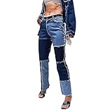 Hoch Taillierte Patchwork-Jeans Für Damen In Übergröße, Patch Flare-Jeanshose, Modische, Gerade Hose Und Sexy Vintage-Bleistifthose Für Lebhafte Frauen (Blau,XL)