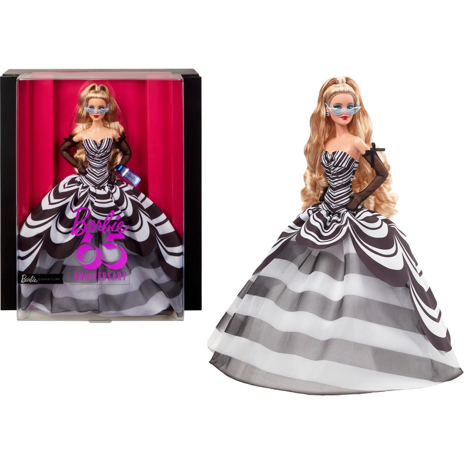 Barbie Signature-Puppe, Sammelfigur zum 65. Jubiläum mit blonden Haaren, schwarz-weißer Robe, Saphirohrringen und Sonnenbrille, HRM58