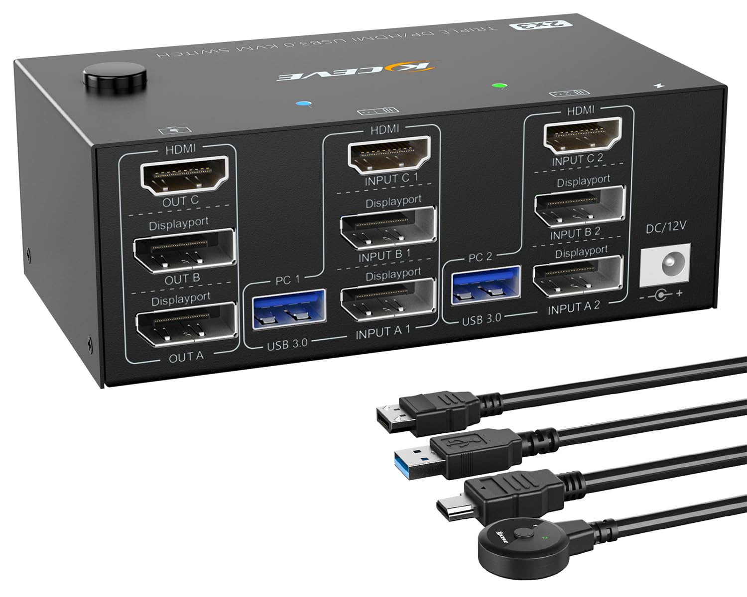 KVM Switch 2 PC 3 Monitore 8K@60Hz 4K@144Hz, Triple Monitor KVM Switch DisplayPort+HDMI und 4 USB 3.0 Ports für 2 PC Teilen 3 Monitors, Tastatur, Maus, mit 12V DC Netzteil,Verdrahtet Fernbedienung