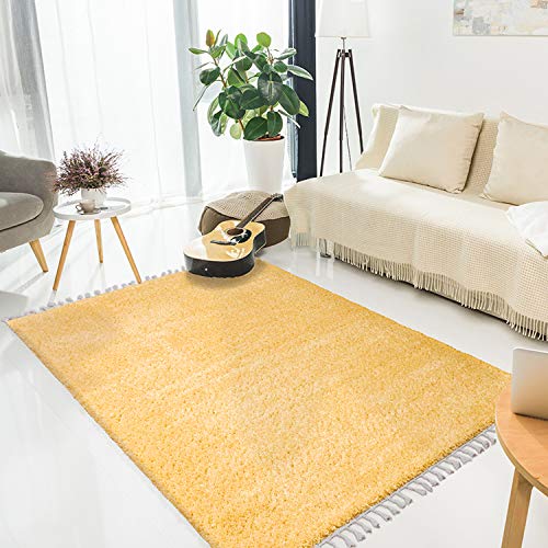 MyShop24h Teppich Wohnzimmer Shaggy - 200x290 cm - Gelb Einfarbig Flauschig Hochflor Teppiche Modern mit Fransen