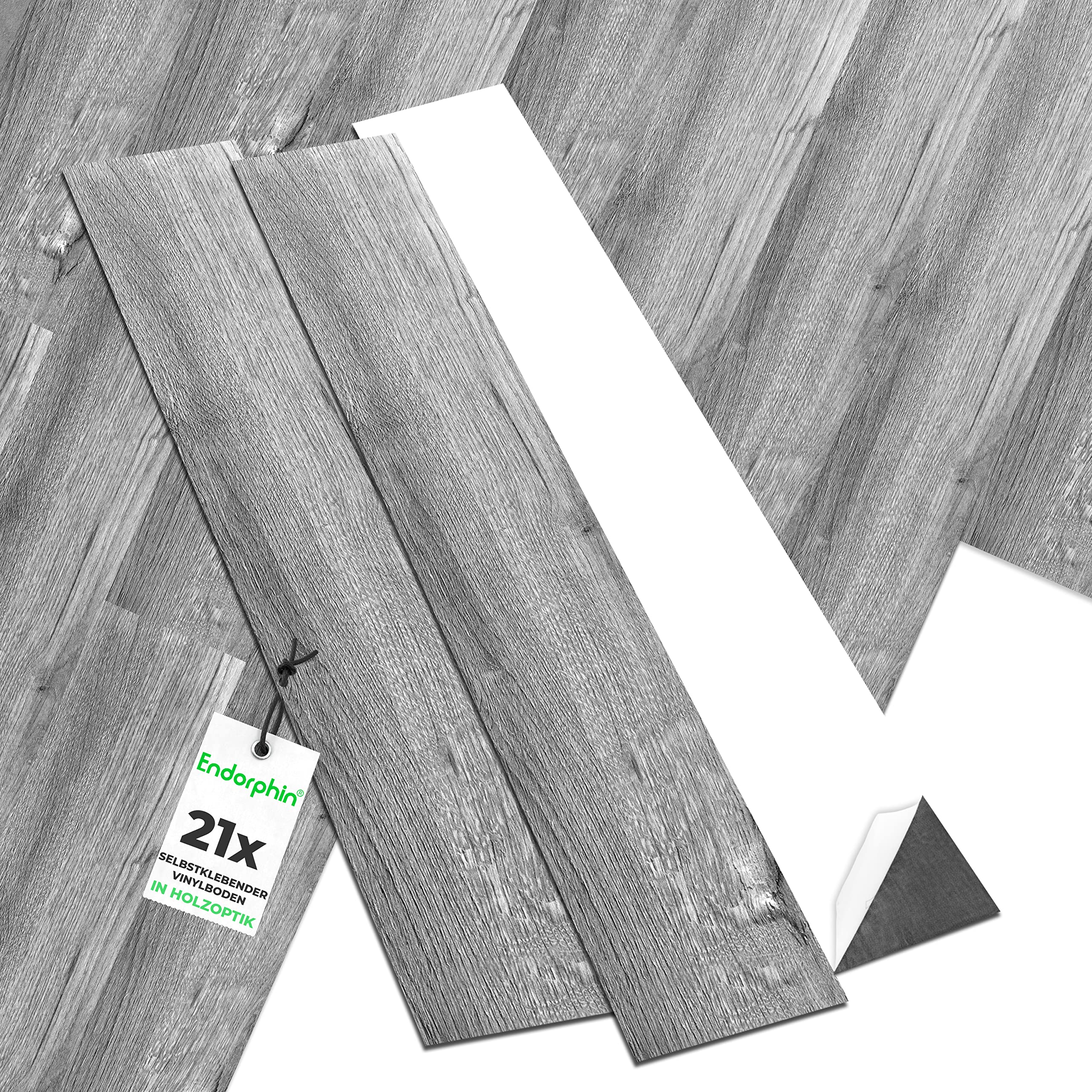 ENDORPHIN® PVC Bodenbelag in Dunkelgrau | Vinylboden mit Holz-Optik | aus recyceltem Material | 91,44 x 15,24 x 0,2cm | 21 Stück für circa 2,93qm | Selbstklebender Holzboden | Klebefliesen
