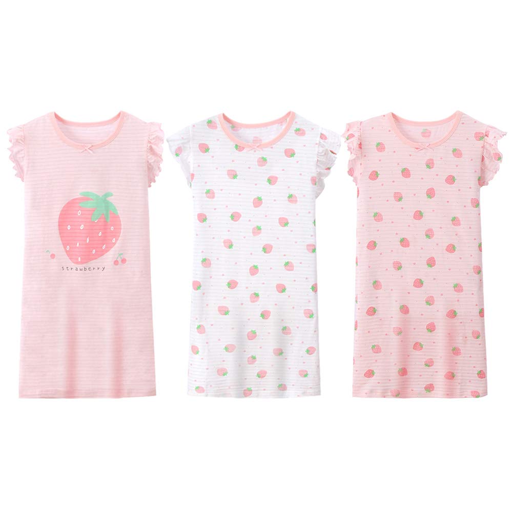 LPATTERN Kinder Mädchen 3er Pack Nachthemd Nachtwäsche Nachtkleid Schlafanzug Sleepwear aus Baumwolle - Erdbeere Motiv, Rosa Weiß Rosa | Erdbeere 3er Pack, 122-128(Label: 130)