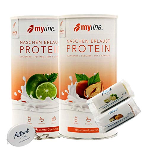 Myline Eiweiß Shake Protein Pulver 2er Pack 2x 400g + AV Maßband + 2 Proteinriegel (Limette Buttermilch/Haselnuss)