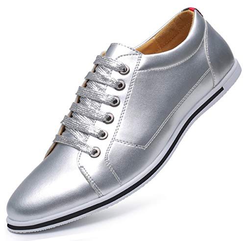 AARDIMI Herren Sneaker Casual Shoes Plus Size 38-50 PU Leather Sneakers Spring Autumn Lace Up Gold Silver Color Men Footwear(Hersteller-Größentabelle im Bild Beachten) (42, Silber)