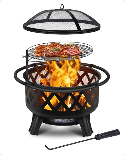 2-in-1-Feuerstelle für den Außenbereich, 76,2 cm, Holzfeuerstelle mit Grill, Funkenschutz, ideal für Outdoor, Garten, Terrasse, Hinterhof, Lagerfeuer