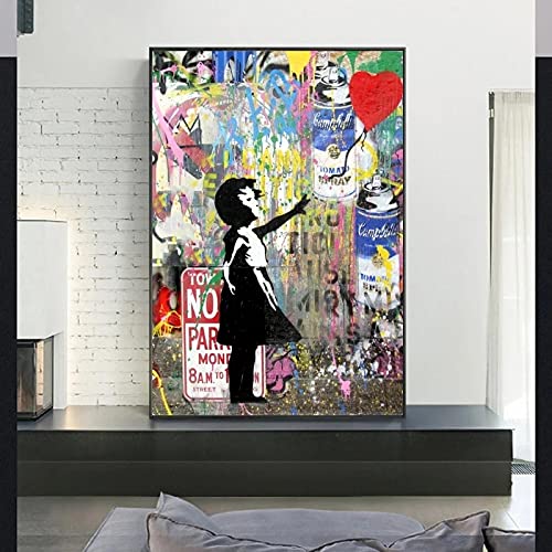 Banksy Art Girl Holding Balloons Leinwand Gemälde Wandkunst Poster Und Drucke Graffiti Kunst Bilder Kinderzimmer Wanddekor 70X100cm Rahmenlos