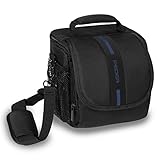 PEDEA DSLR-Kameratasche *Essex* Fototasche für Spiegelreflexkameras mit wasserdichtem Regenschutz, Tragegurt und Zubehörfächern, Gr. M schwarz/blau