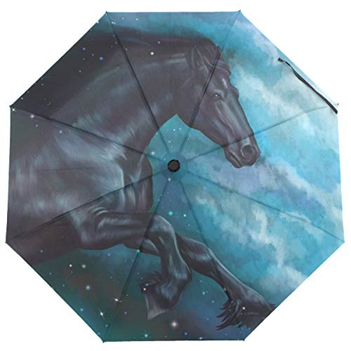ISAOA Automatischer Faltschirm Pferde Malerei Schwarz Laufen Reise kompakt winddicht Regenschirm