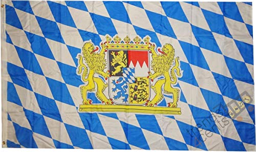 Top Qualität - Flagge BAYERN MIT LÖWENWAPPEN Bavaria Löwe Fahne, 250 x 150 cm, EXTREM REIßFEST, Keine BILLIG-CHINAWARE, Stoffgewicht ca. 100 g/m², sehr robust, extra starke Messing-Ösen