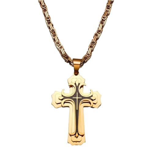 YTQBPMC Doppelte Kreuz-Anhänger-Halskette, Kruzifix-Pektoral-Anhänger für Männer, modische Kreuz-Anhänger-Halskette aus Edelstahl, Kreuz-Geschenk für ihn (Gold)