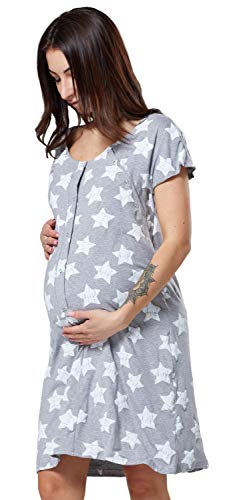 HAPPY MAMA Damen Umstands Stillen Lieferung Krankenhaus Kleid Nachthemd 538p (Graphit Melange mit Sternen, 44-46, XL)