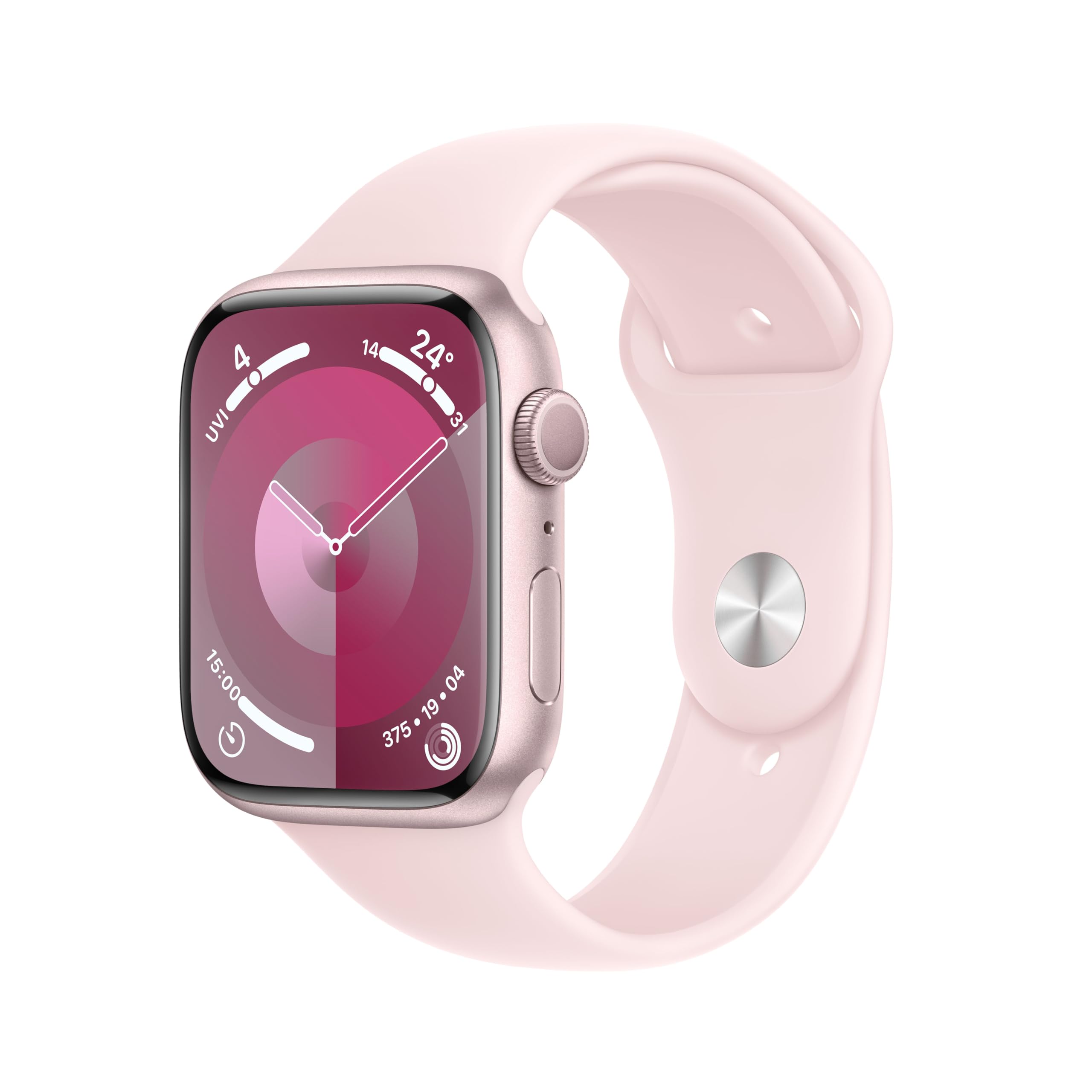 Apple Watch Series 9 (GPS, 45 mm) Smartwatch mit Aluminiumgehäuse in Pink und Sportarmband M/L in Hellrosa. Fitnesstracker, Blutsauerstoff und EKG Apps, Always-On Retina Display, Wasserschutz