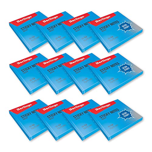 Berlingo Klebezettel Block, 75x75 mm, 12 Blöcken, 80 Blatt pro Block, klebende Notizzettel für Notizen und To-Do-Listen, Serie Ultra Klebrig, neon farben, blau