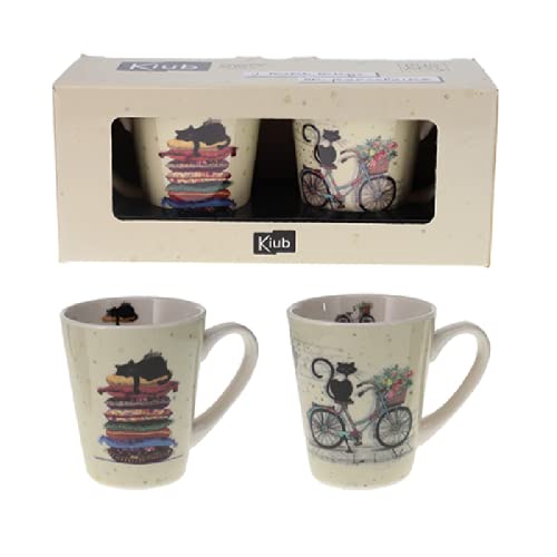 KIUB Set mit 2 Tassen – Motiv Katze mit Fahrrad und Katze auf Kissen – feines Porzellan und Höhe 7,5 cm – passende Box, Klar