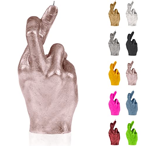 Candellana Kerze Gekreuzte Finger | Höhe: 19,4 cm | Goldrosa | Brennzeit 30h | Kerzengröße gleicht 1:1 einer realen Hand | Handgefertigt in der EU