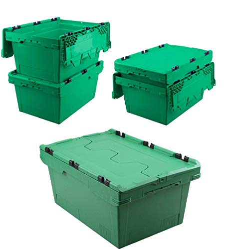 Set, 5x Mehrwegbehälter mit Klappdeckel, grün, verplompbar, LxBxH 600x400x200 mm, 29 Liter