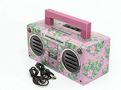 GPO Bronx tragbarer Mini Bluetooth Lautsprecher im Retro Stil mit Akku, USB-/TF-Card/AUX Anschluss, Pink & Blumendruck