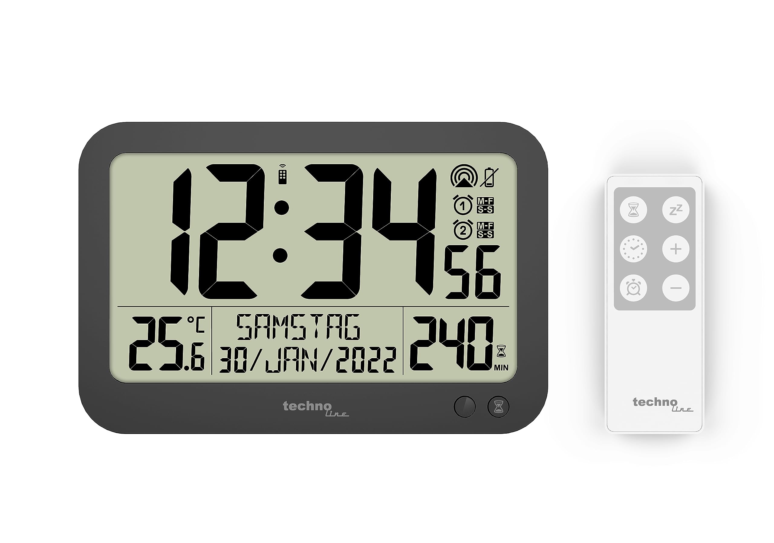 technoline WS8026 Digitale Funkuhr mit Fernbedienung, Bürouhr, Meeting-Uhr, Funkuhr mit Temperaturanzeige, Timer bis 240 min, kleine Uhr, 22,3 x 14,8 cm
