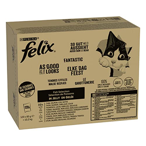 Jumbopack Felix "So gut wie es aussieht" Gelee 120 x 85 g - Fisch Mix (Thunfisch, Lachs, Kabeljau, Seelachs)