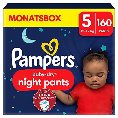 Pampers Night Windeln Pants Größe 5 (12kg-17kg) Baby-Dry, MONATSBOX, 160 Höschenwindeln, Windelhöschen bieten zusätzlichen Schutz für die ganze Nacht