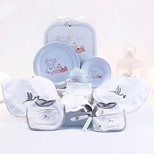 BebeDeParis Originelle Geschenke für Neugeborene | Babywanne mit Geschirr und Lätzchen-Set | 3-6 Monate (Grau)
