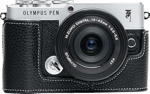 Zakao PEN E-P7 Tasche, handgefertigt, echtes Leder, halbe Kameratasche für Olympus PEN E-P7, untere Öffnung, mit Handschlaufe, Schwarz
