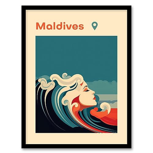 The Seaside Calls Maldives Beach Modern Woman of the Waves Sea Siren Ocean Artwork Framed Wall Art Print A4