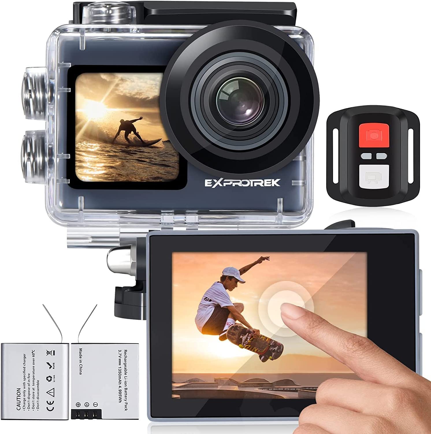Exprotrek Action Cam 4K Unterwasserkamera Wasserdicht 40M Ultra HD 20MP Kamera 170 ° Ultra-Weitwinkel WiFi Camcorder EIS Stabilisierung mit Dual 1350 mAh Akku