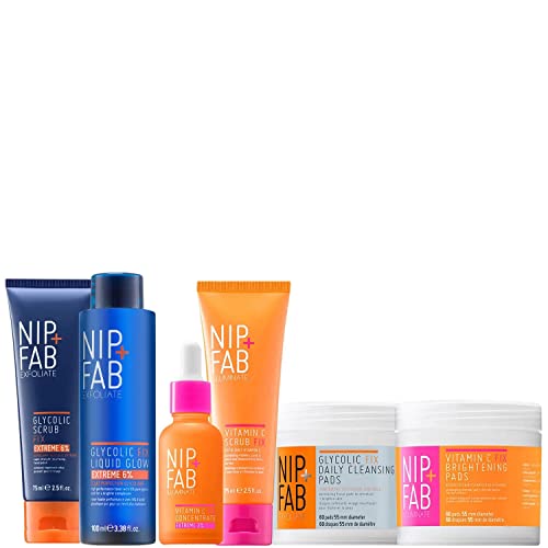 Nip + Fab Get Glowing Regime Bundle | lluminate the Face Skin Complexion | Luminosity-Boosting | Glycolic Fix Pads, Scrub, Liquid Glow | Vitamin C Concentrate, Scrub, Pads