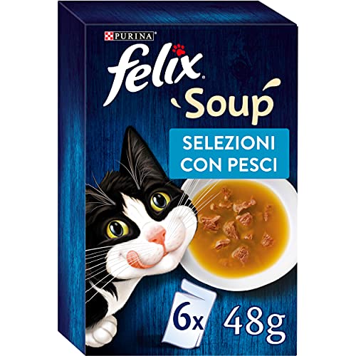 Purina Felix Soup Original Nassfutter für Katzen mit Kabeljau, Thunfisch und Platessa, 8 Packungen mit 48 Beuteln zu je 48 g