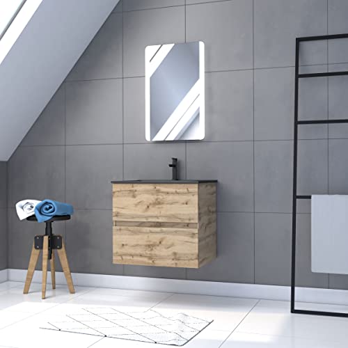 Badezimmerschrank mit Schublade/Waschbecken/Spiegel, LED, 60 cm x 54 cm, Eiche Natur