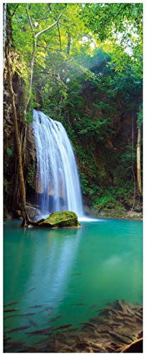 Wallario Glasbild Wasserfall im Wald am See Idylle in Thailand - 50 x 125 cm Wandbilder Glas in Premium-Qualität: Brillante Farben, freischwebende Optik