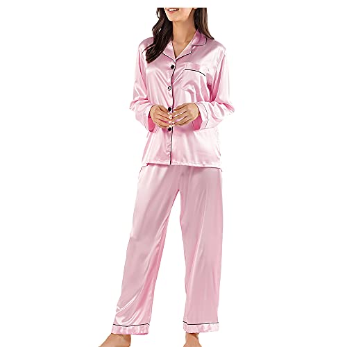 Damen Pyjama Set, Nachtw?sche Schlafanzug Satin Seide Langen ?rmeln Einfarbig Ganze Jahr ¨¹ber (Rosa, L)