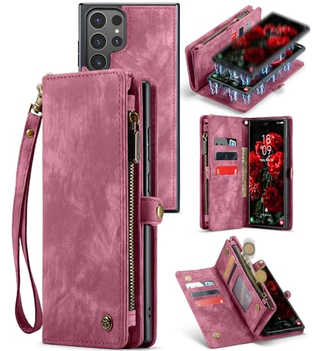 LOXO CASE Brieftaschen-Hülle für Samsung Galaxy S24 Ultra/S24 Plus/S24, Abnehmbare Magnetische Flip-Folio-Hülle Aus PU-Leder mit Handschlaufe [Reißverschlussfach] Kreditkartenfächer,Red,S24 Ultra